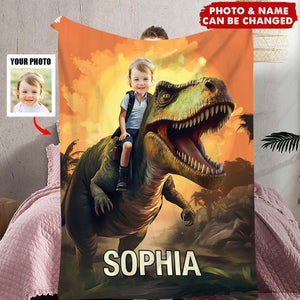 Little Boy Riding Dinosaur - Personalized Kid Photo Blanket