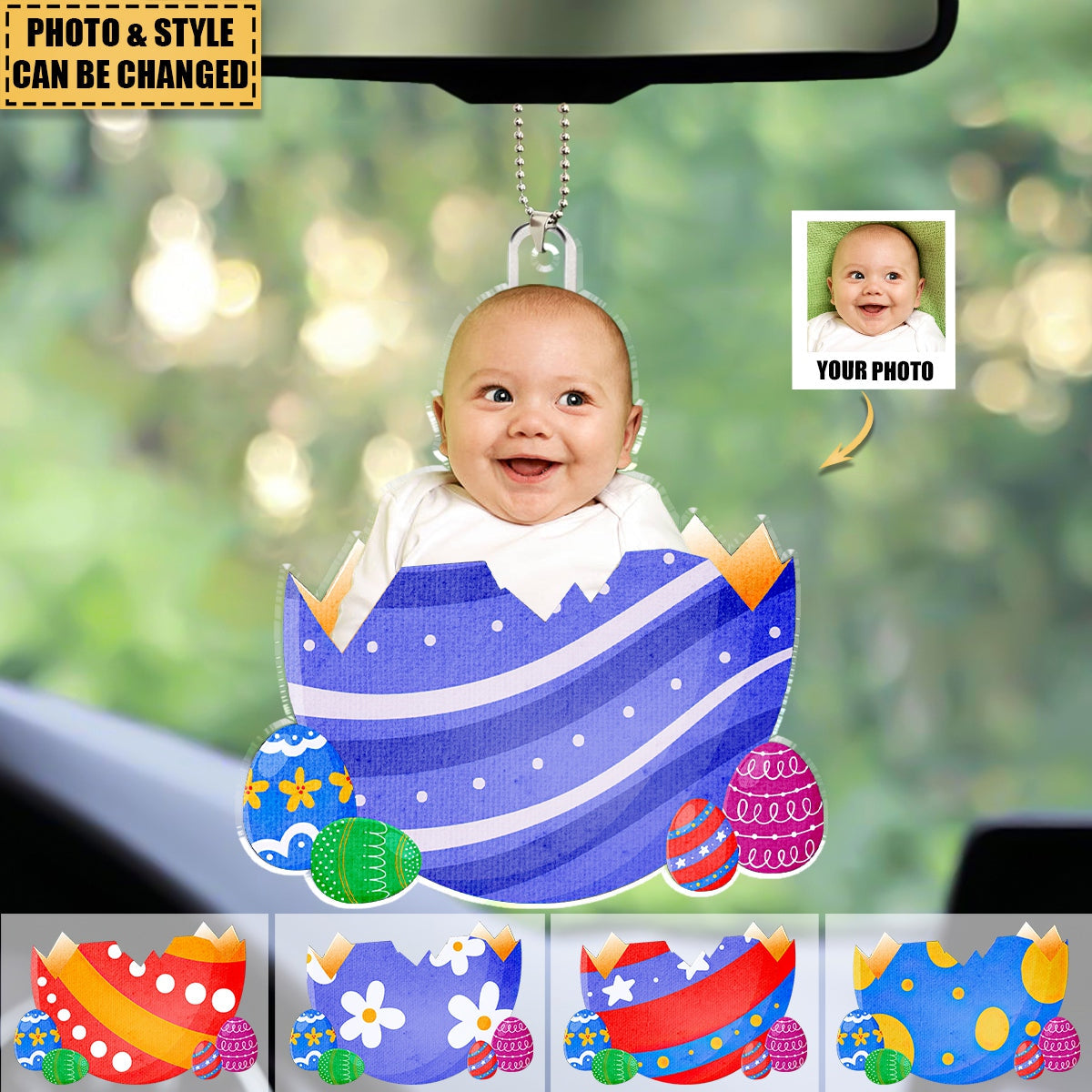 Custom Photo Egg Crack Easter Kid Family Gift - Personalized Photo Easter Car Ornament