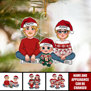 Animated Family Sitting Together Christmas Personalized Acrylic Ornament