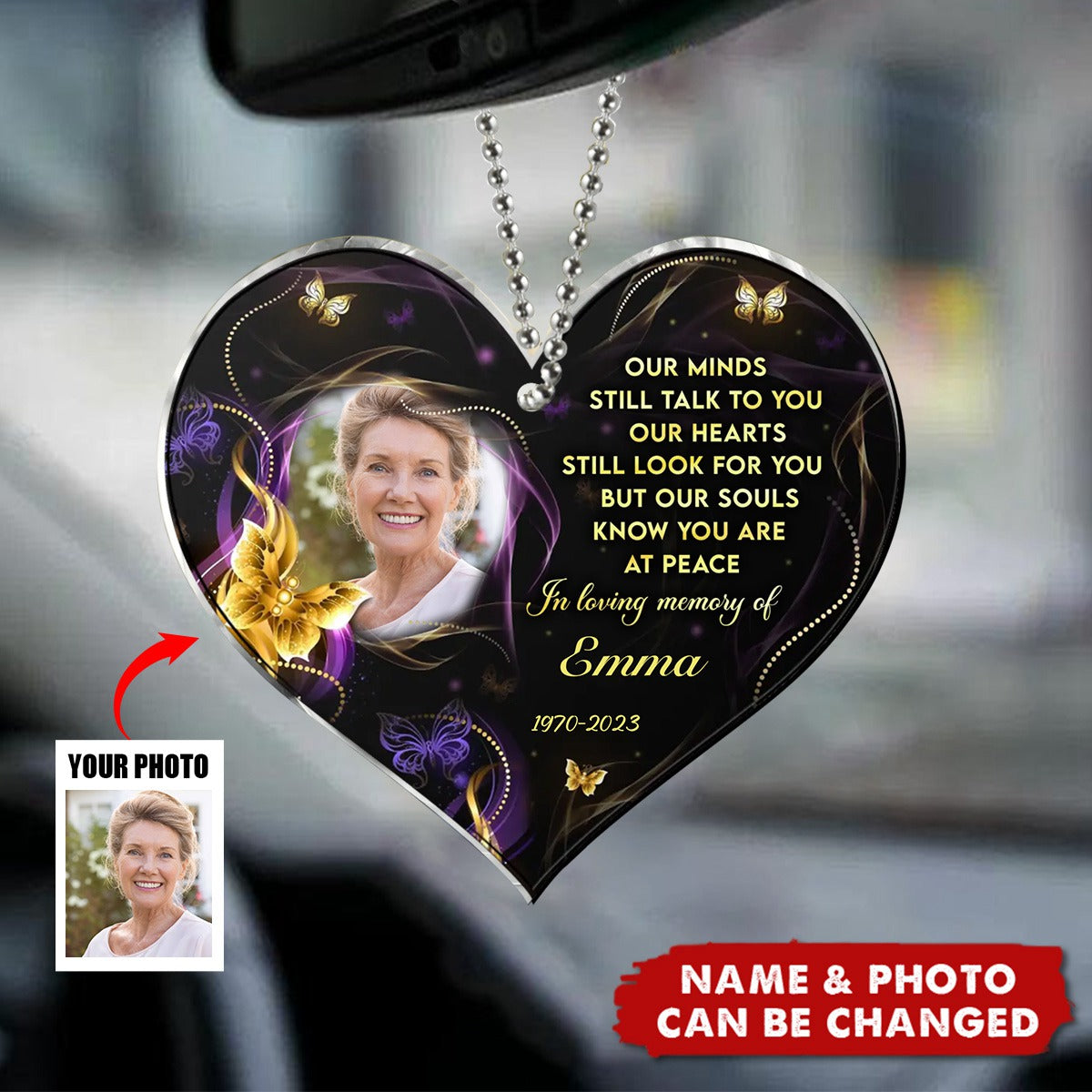 Personalized Memorial Heart Acrylic Car Ornament - Upload Photo - Memorial Gift For Family Member - My Mind Still Talks To You