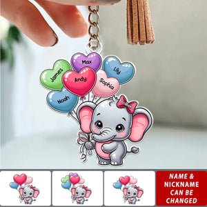 Cute Elephant Grandma With Sweetheart Balloon Grandkids Personalized Acrylic Keychain