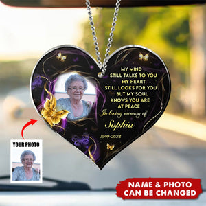 Personalized Memorial Heart Acrylic Car Ornament - Upload Photo - Memorial Gift For Family Member - My Mind Still Talks To You