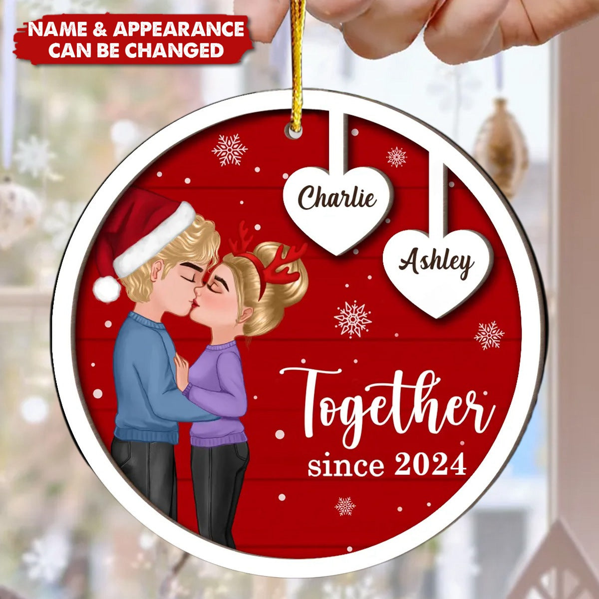 Coupe Kissing Heart Strings Christmas Personalized 2-Layer Wooden Ornament