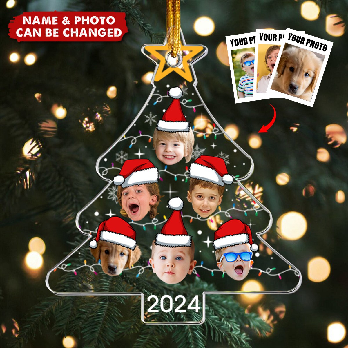 Custom Face Christmas Tree With Led Light Funny Family - Personalized Acrylic Photo Ornament