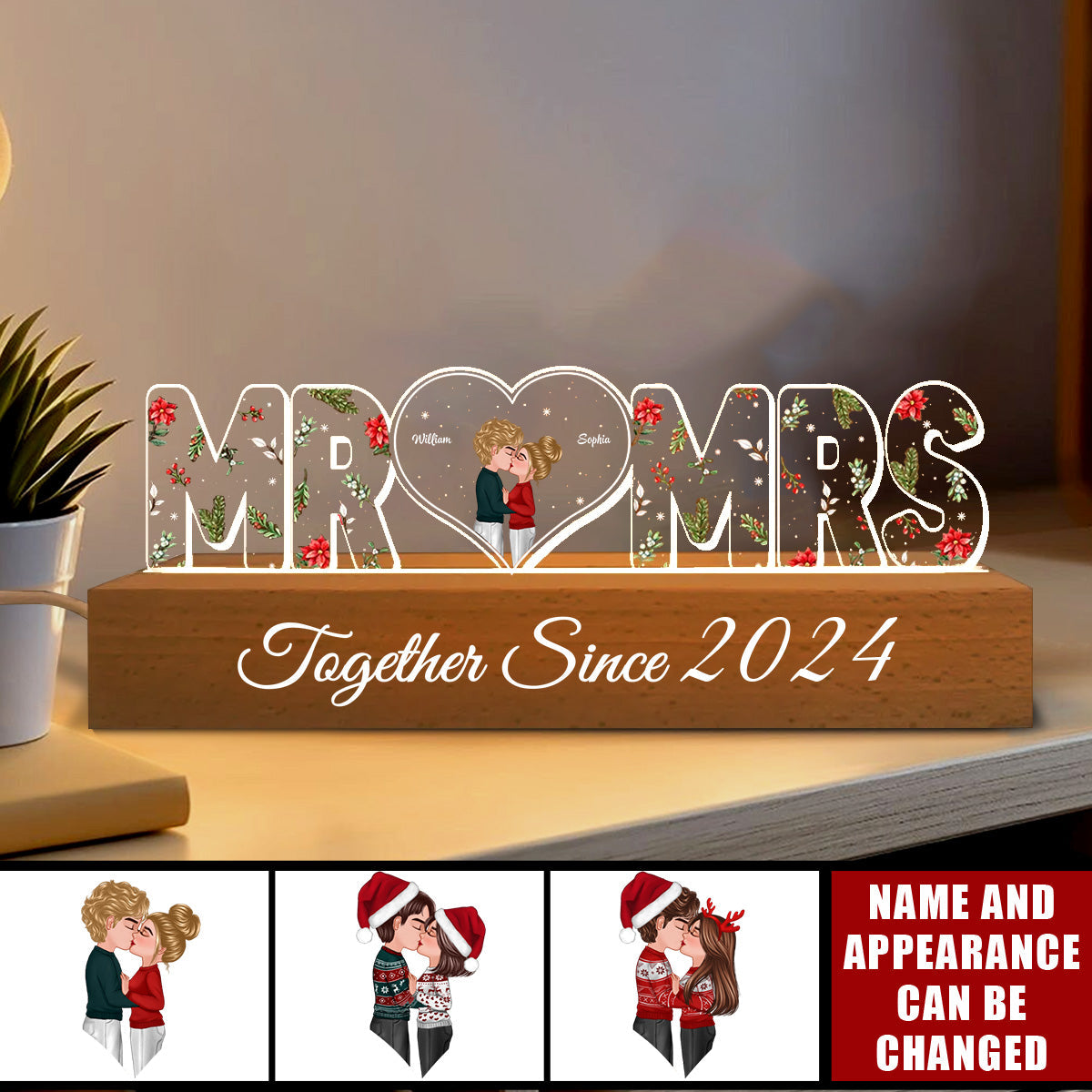 Mr and Mrs Couple Kissing Under Mistletoe Personalized LED Night Light, Christmas Gift for Newlywed, Anniversary Gift For Couple