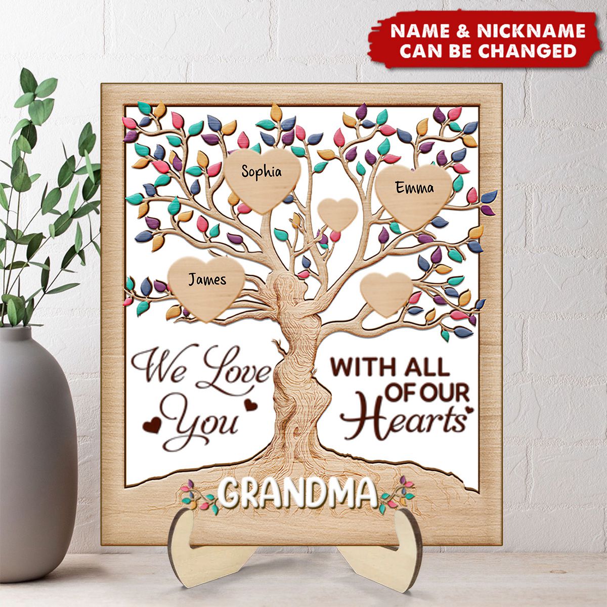 Grandma Mom Tree Sweet Heart Kids, Thank You For Helping Us Grow Personalized 2 Layers Wooden Plaque