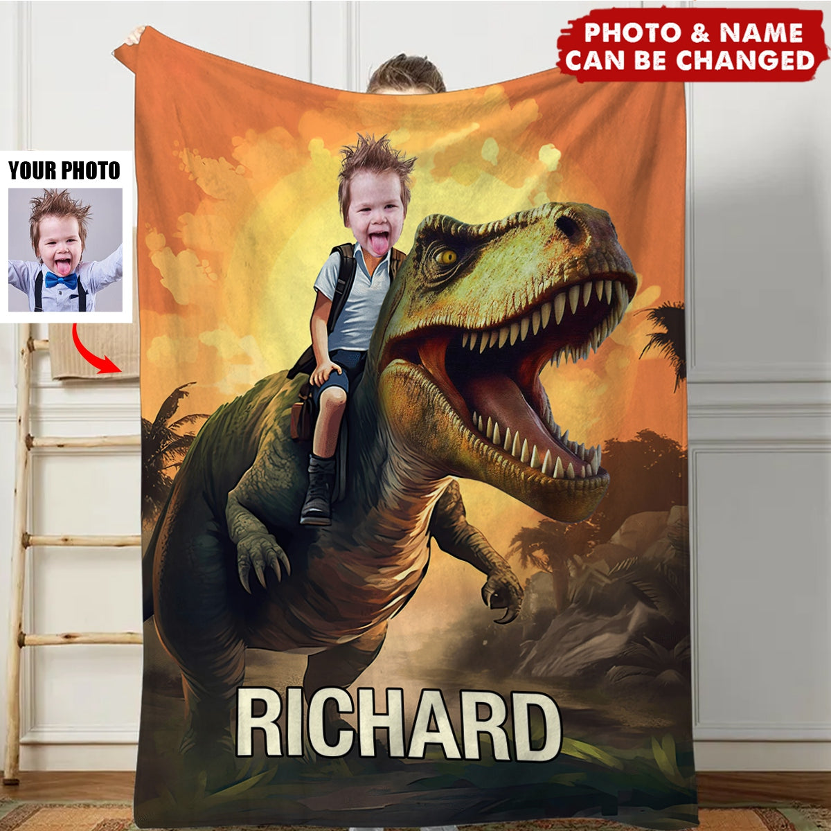 Little Boy Riding Dinosaur - Personalized Kid Photo Blanket