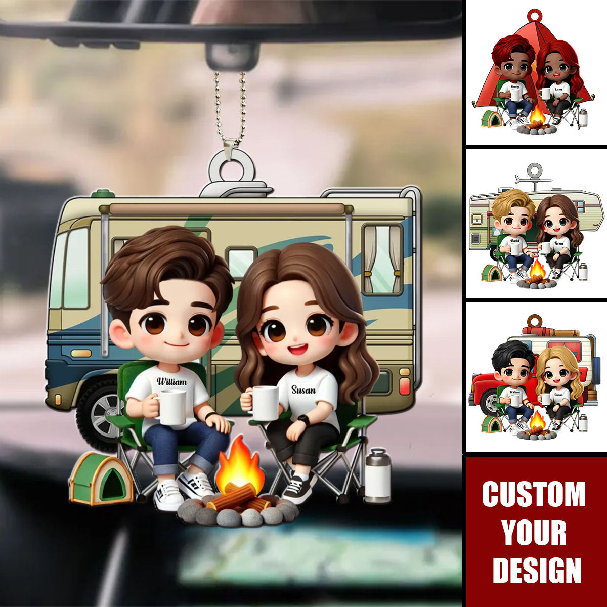 Cute Cartoon Camping Sitting Couple Personalized Acrylic Ornament,Valentine's Day