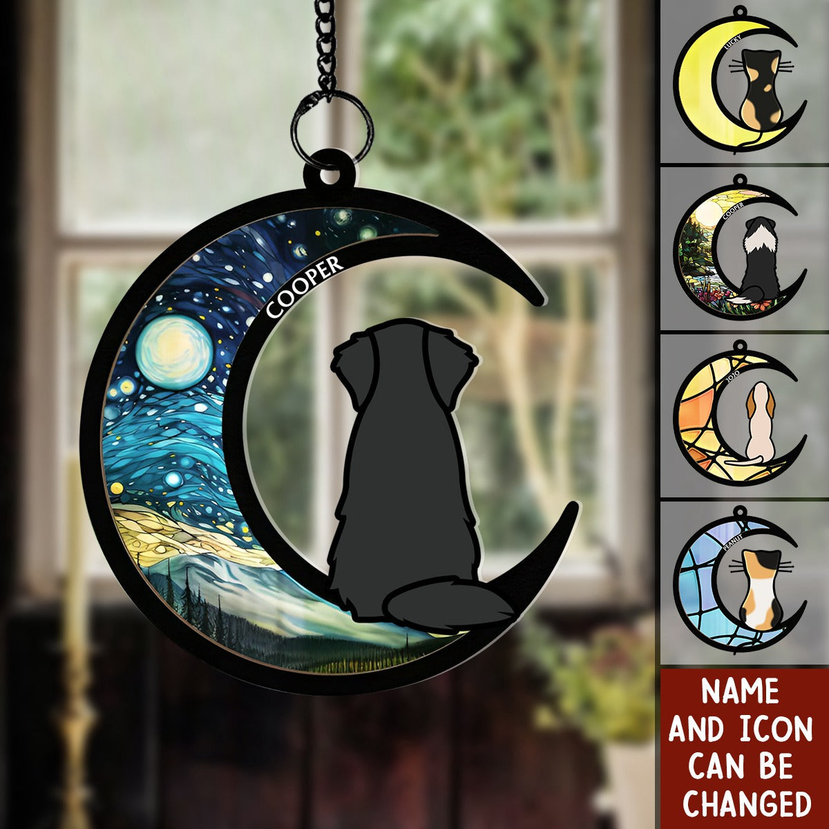 Dog & Cat On Moon - Personalized Window Hanging Suncatcher Ornament