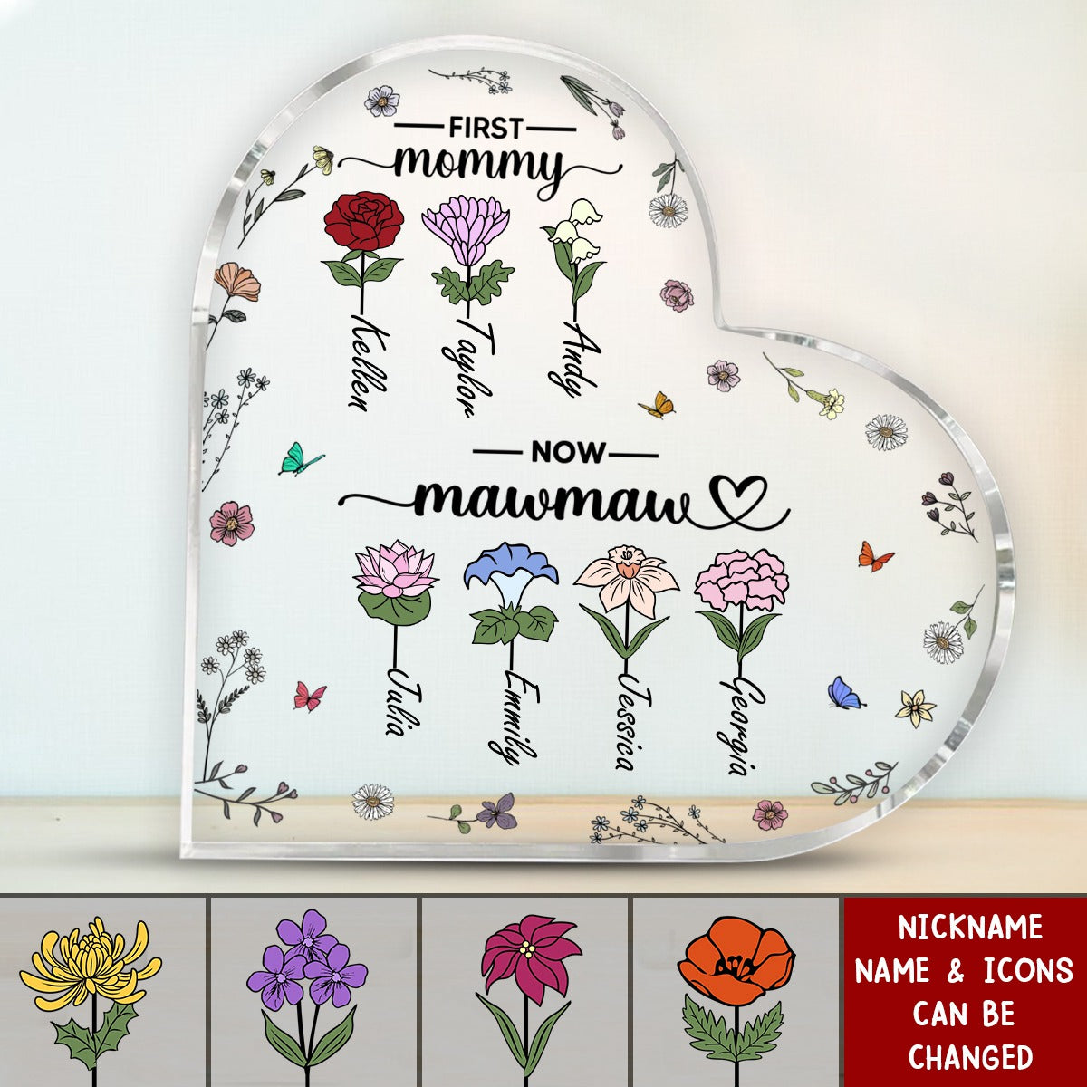 First Mom Now Grandma Birth Month Flower Personalized Acrylic Heart Plaque