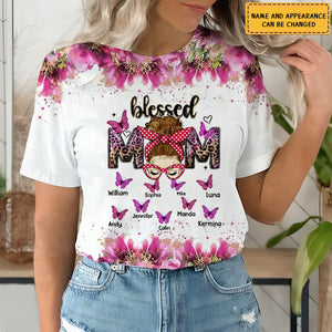 Blessed Mom Pink Leopard Messy Bun With Butterfly Kids Personalized 3D T-shirt