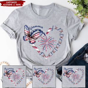 Butterfly Grandma Kid With Heart 4th July Personalized T-shirt