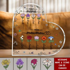 First Mom Now Grandma Birth Month Flower Personalized Acrylic Heart Plaque