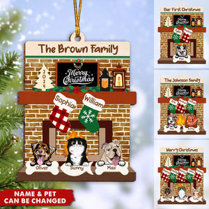 Personalized Wooden Family Christmas Ornament With Dog Cat Fireplace - Gift For Pet Lovers, Pets Owner