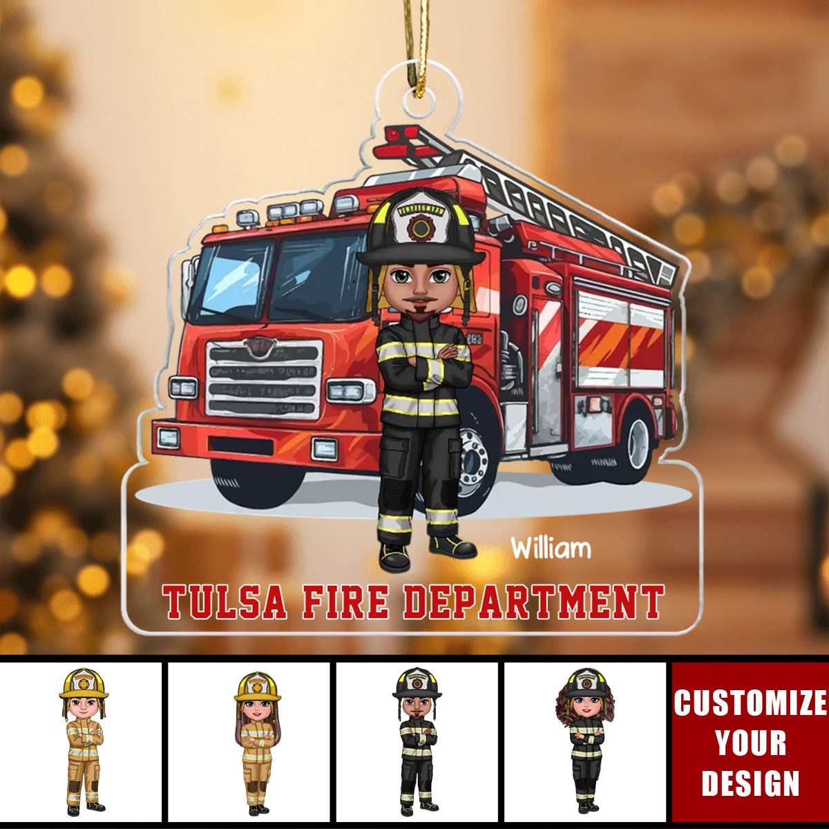 Firefighter Squad In Front Of Fire Truck Personalized Acrylic Ornament