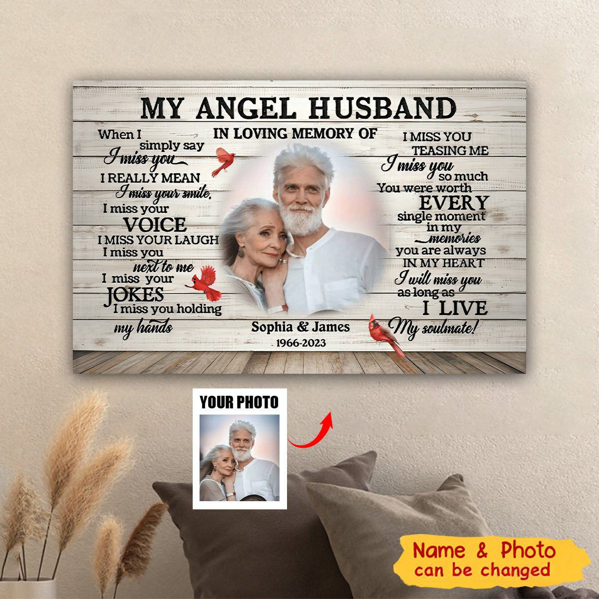 Custom Photo My Angel Husband - Memorial Canvas - Sympathy Gifts In Loving Memorial Of Him Personalized Canvas Wall Art