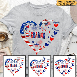 4th of July Nana Grandma Mom Gigi Kids Heart In Heart Personalized T-shirt