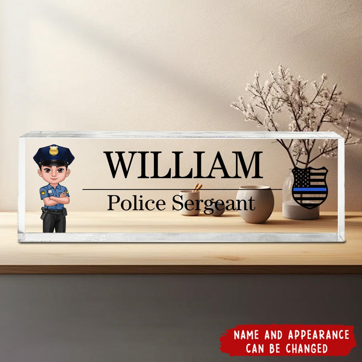 Police Thin Blue Line Personalized Acrylic Desk Name Plate, Office Decor, Appreciation Gift, Christmas Gift For Police Officers, Sheriff, Deputy Sheriff