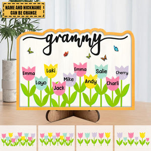 Sweet Grandma Mom Loves Colorful Tulip Kids Personalized 2 Layers Wooden Plaque