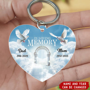 White Doves In Loving Memory Personalized Heart Shaped Acrylic Keychain