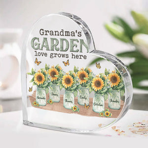 Grandma's Garden - Love Grows Here - Family Personalized Custom Heart Shaped Acrylic Plaque - Mother's Day, Birthday Gift For Grandma