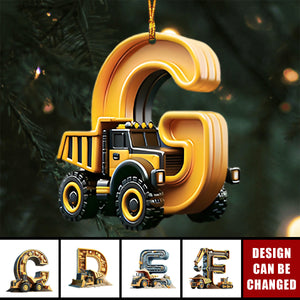 Construction Vehicle Letter Flat Ornament, Initial Letter Truck Tractor Kid, Grandkid Boy Girl Ornament Christmas Gift for Kid Grandkid