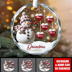 Snowman Grandma Mom Hanging Sweet Heart Kids - Family Personalized Custom Circle Glass Ornament