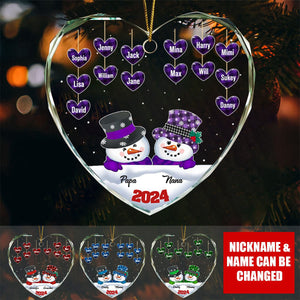 Papa Nana Snowman Christmas Grandparents - Personalized Heart Shaped Glass Ornament