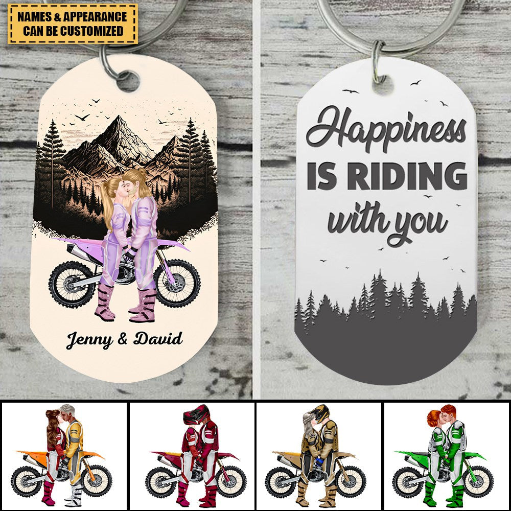 Happiness Is Riding With You, Couple Gift, Personalized Stainless Steel Engraved Keychain, Motor Couple Keychain