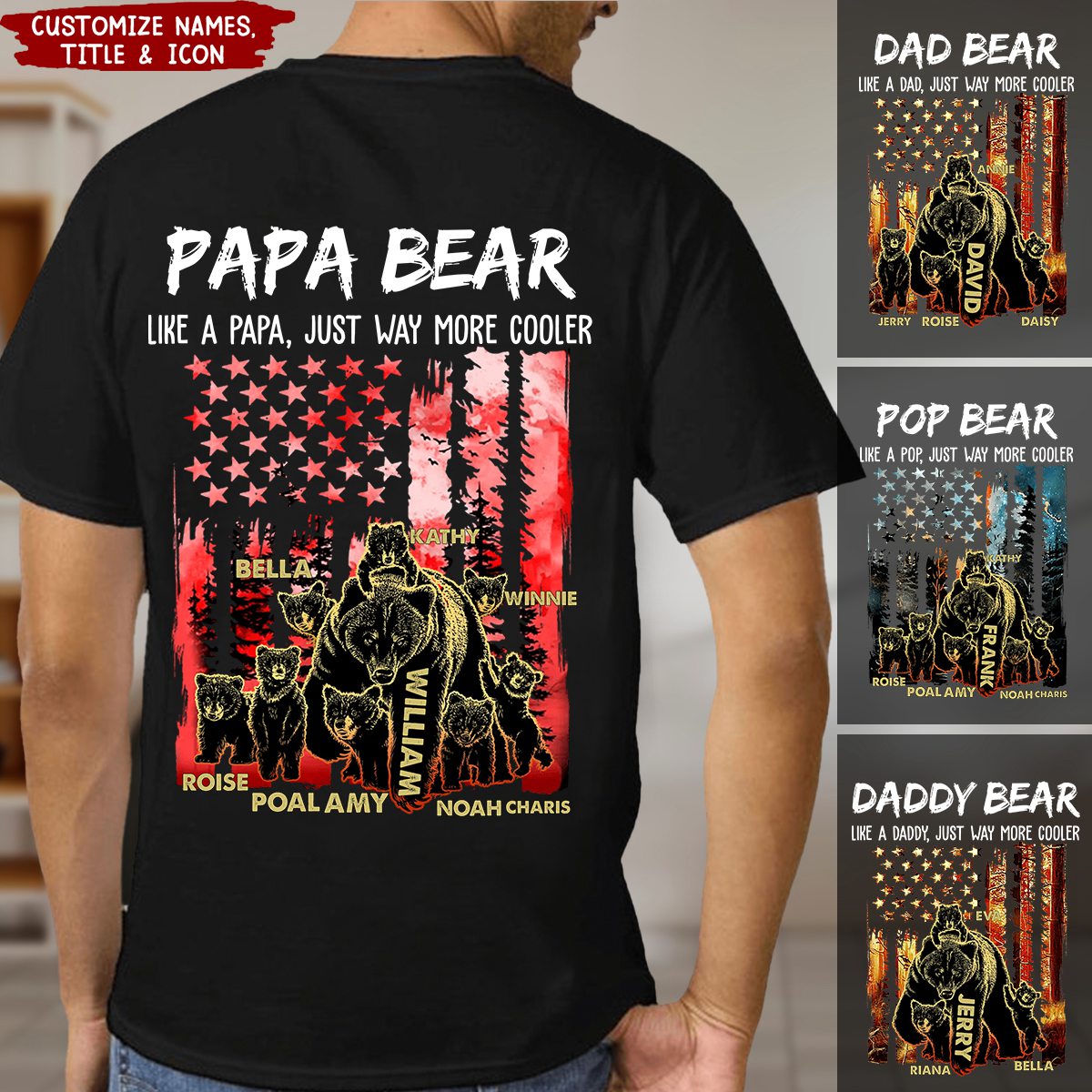 Papa Dad Bear With Grandkids Names - Personalized T-Shirt