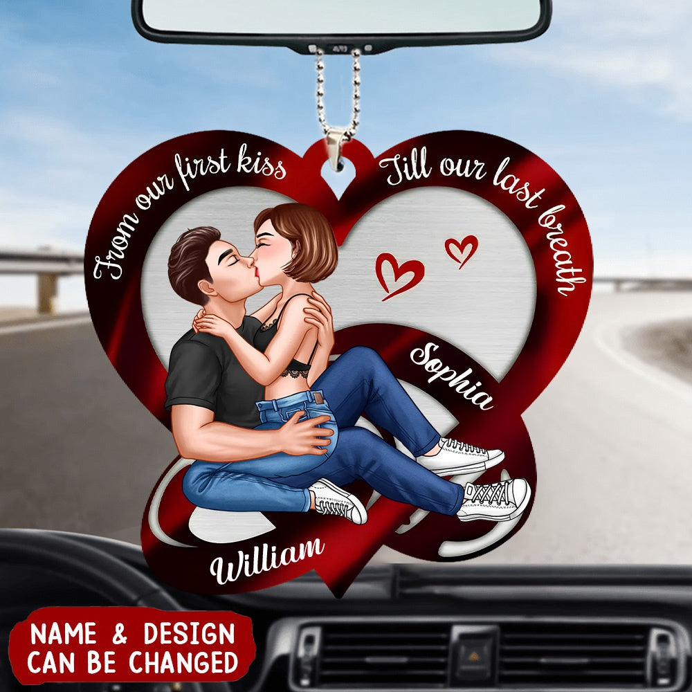 Couple Kissing Red Heart Rings Personalized Car Ornament