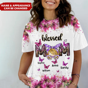 Blessed Mom Pink Leopard Messy Bun With Butterfly Kids Personalized 3D T-shirt