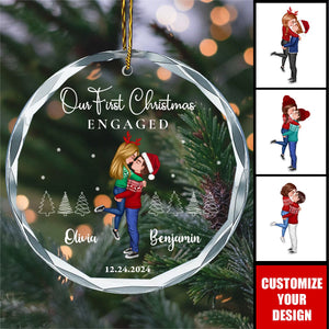 Our First Christmas Newly Engaged Married Couple - Personalized Circle Glass Ornament