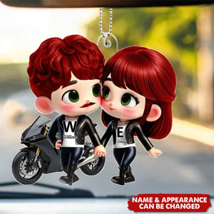 Cute Cartoon Motorcycle Couple - Personalized Acrylic Car Ornament - Anniversary & Valentine's Day Gift for him, Gift for her