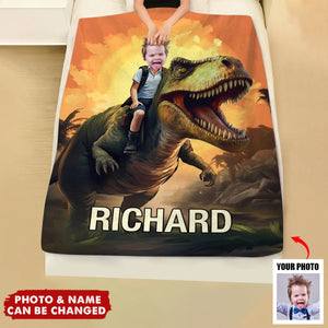 Little Boy Riding Dinosaur - Personalized Kid Photo Blanket