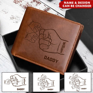 Personalized Hands Clenched Custom Father & Kid Names Gift for Dad Laser Leather Wallet