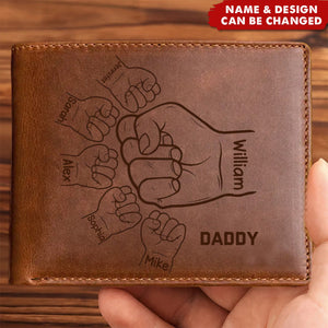 Personalized Hands Clenched Custom Father & Kid Names Gift for Dad Laser Leather Wallet