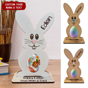 Bunny Holding Easter Egg Personlized Wooden Holder, Easter Gift For Kids Grandkids