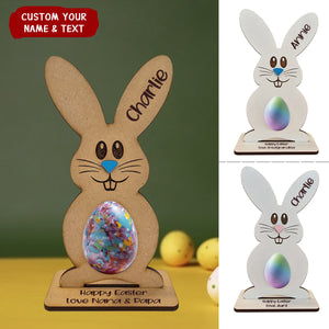 Bunny Holding Easter Egg Personlized Wooden Holder, Easter Gift For Kids Grandkids