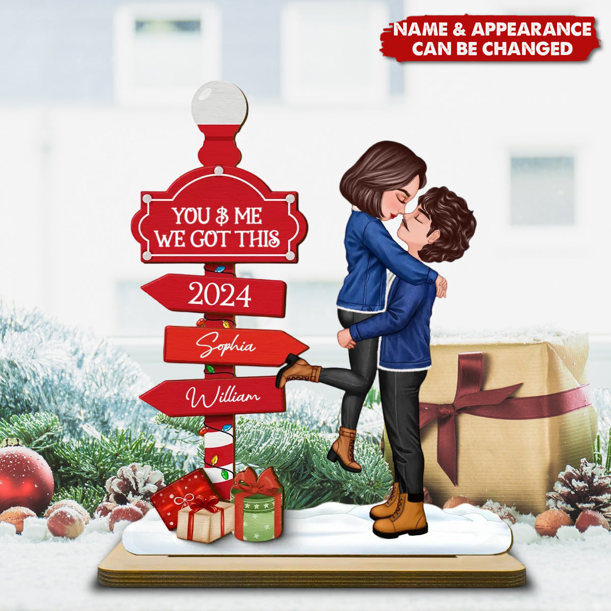 Christmas Couple Kissing Sign Personalized Standing Wooden Plaque