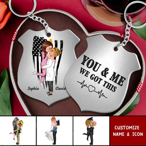 Be Safe I Need You Here With Me Couple Hugging Kissing Occupation Personalized Stainless Steel Keychain