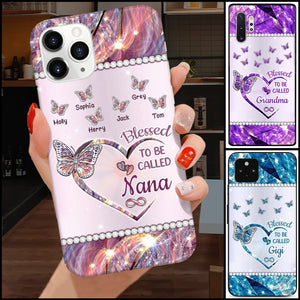 Personalized Glass Phone Case Sparkling Grandma- Mom Heart Butterfly Kids