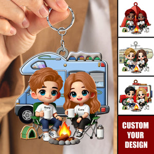 Cute Cartoon Camping Sitting Couple Personalized Acrylic Keychain,Valentine's Day