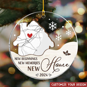 New Home, New Beginnings- Gift For New Homeowners Custom Map Wood And Acrylic Ornament