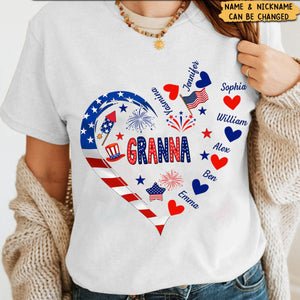 4th of July Nana Grandma Mom Gigi Kids Heart In Heart Personalized T-shirt