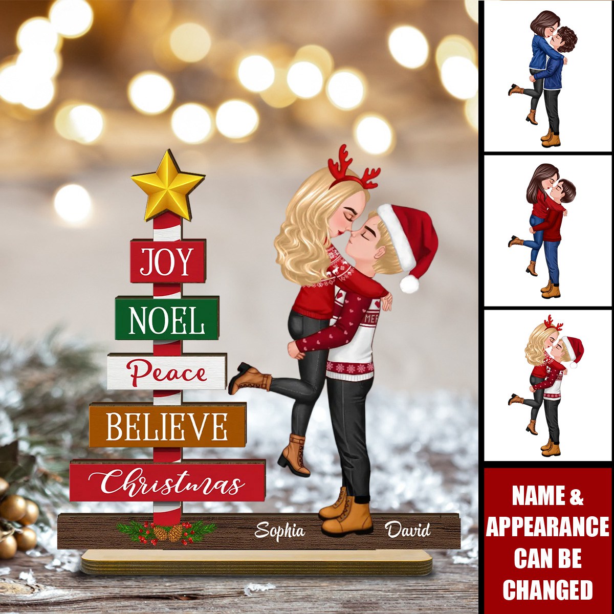 Couple Hugging Kissing Christmas Personalized 2-Layer Standing Wooden Plaque