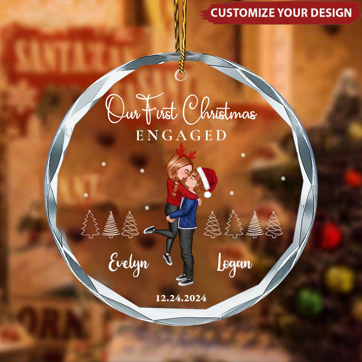 Our First Christmas Newly Engaged Married Couple - Personalized Circle Glass Ornament