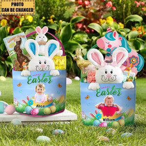 Happy Easter Kid With Easter Eggs - Personalized Photo Easter Basket