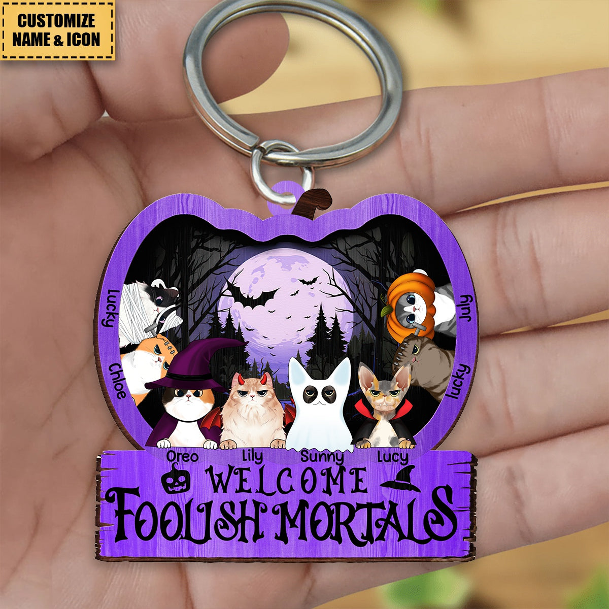 Welcome Foolish Mortals - Personalized Shaped Wood Keychain - Gift For Cat Owners, Pet Lovers