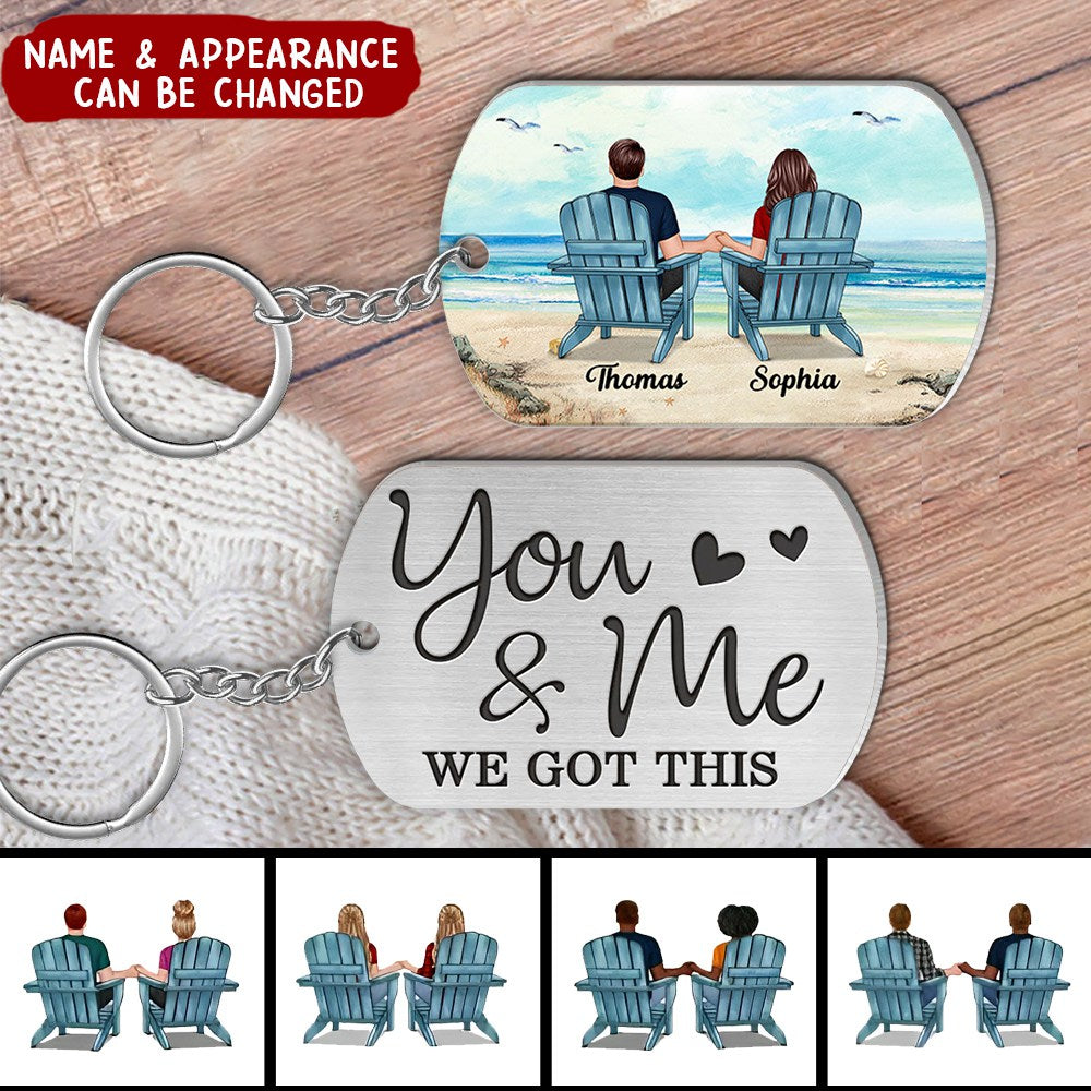 Back View Couple Sitting Beach Landscape Personalized Metal Keychain